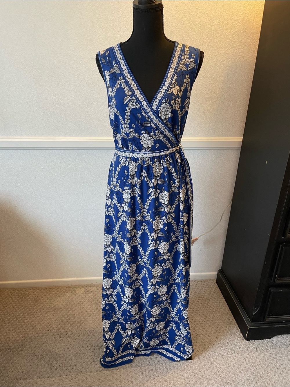 Max Studio Blue and White Floral Wrap Maxi Dress
